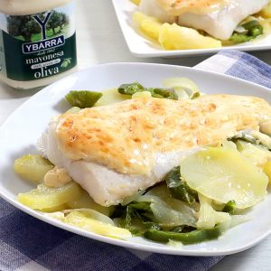 receta de merluza-gratinada-patatas-panadera con mayonesa-100-oliva-ybarra