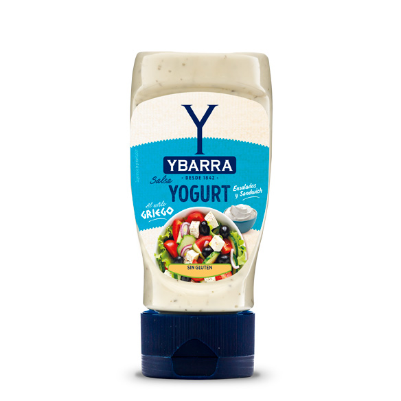 Bote de salsa de yogurt al estilo griego 250ml boca-abajo